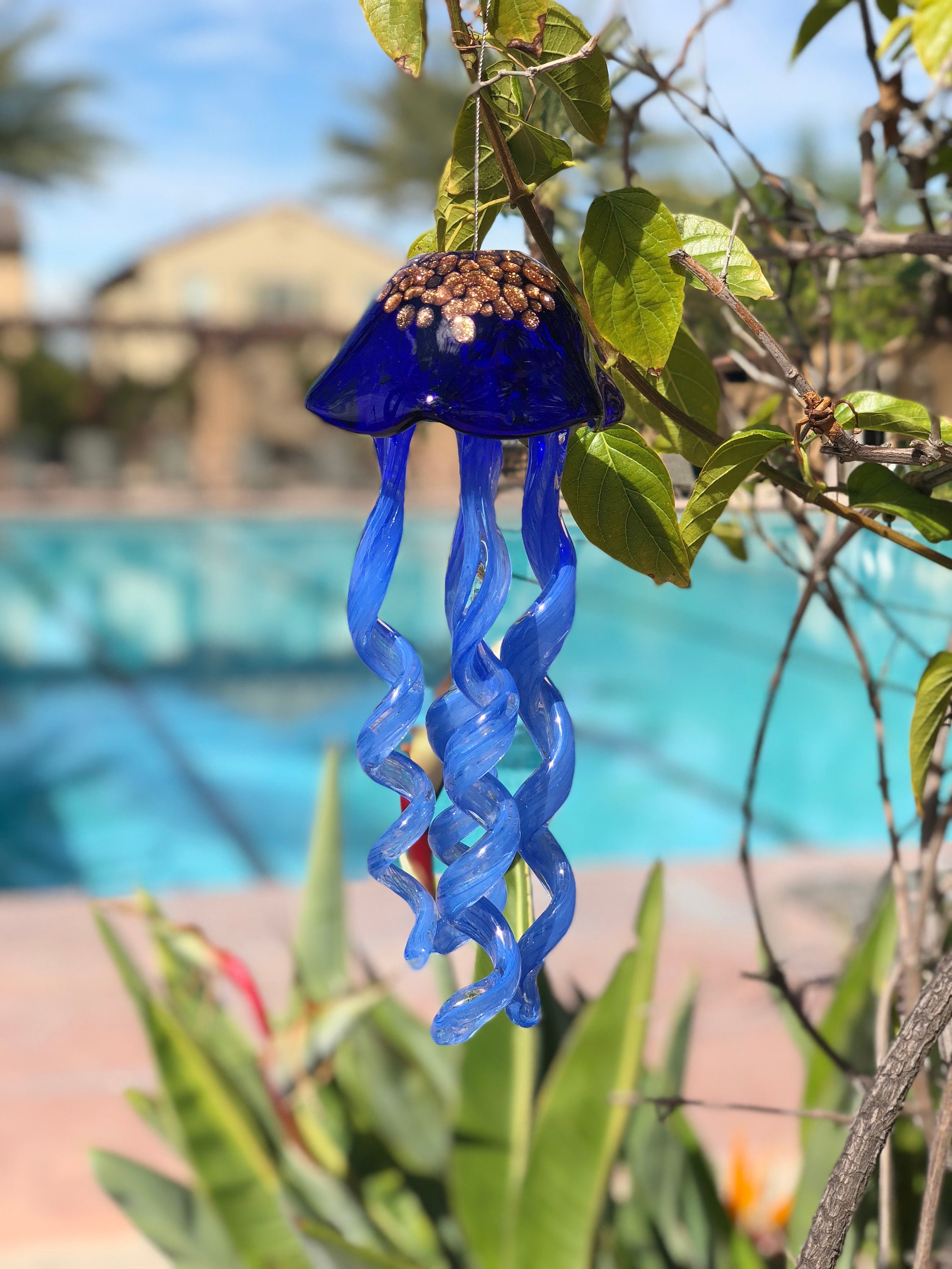 Dark Blue Art hotsell Glass Jellyfish Hang Decor Sun Catcher Holiday Gift Wind Chimes