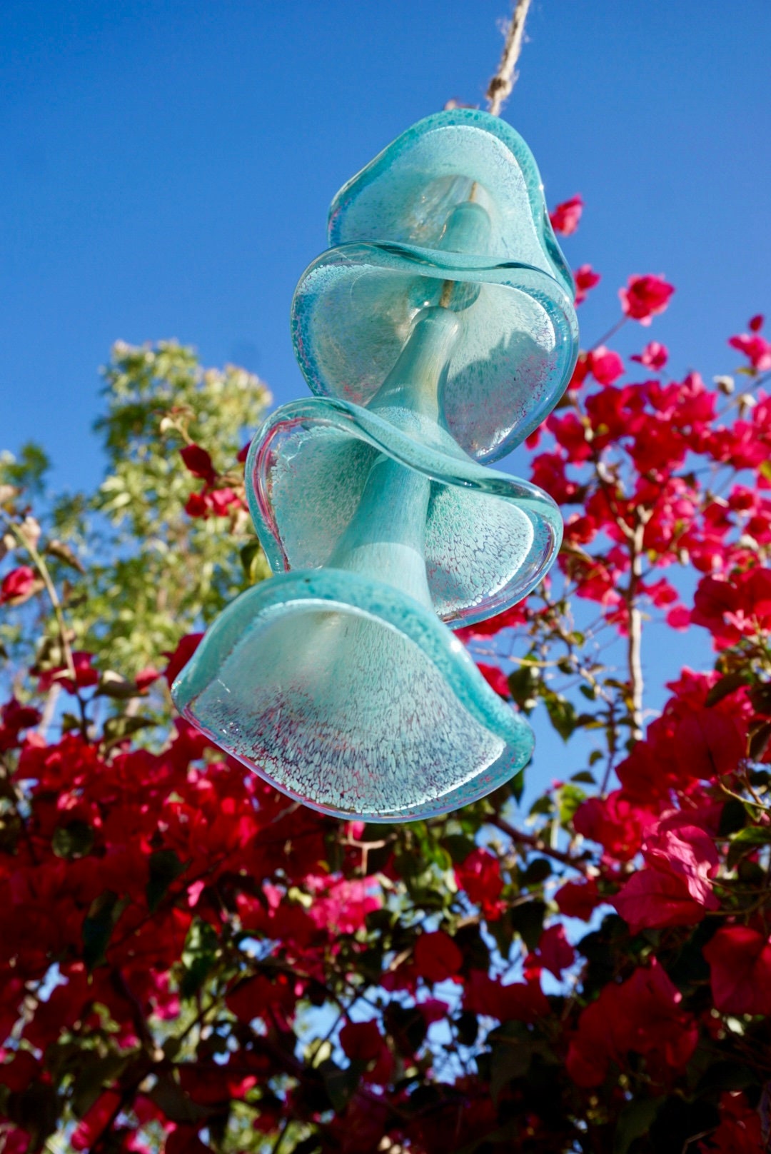Free US Shipping-Handmade Art Glass Petunia Flower Holiday Gift Hanging Decor Wind Chimes Sun Catcher /  Baby Blue with Silver