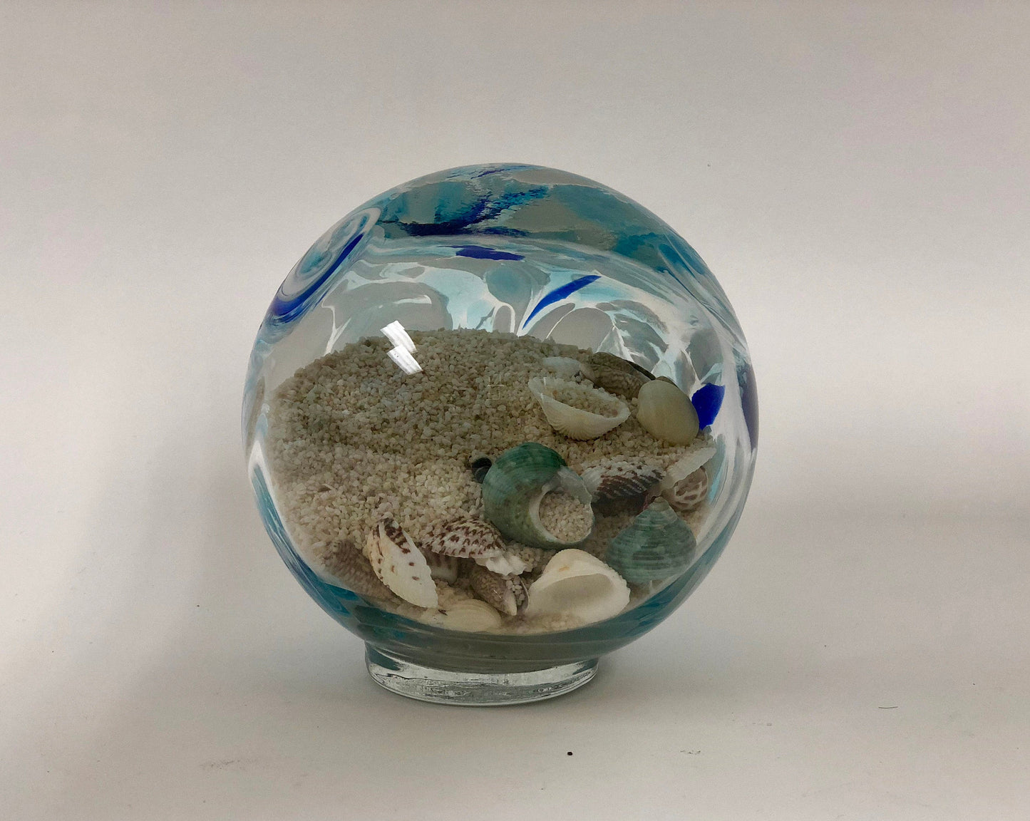 Free US Shipping~ 5.5" Pacific Coast Blue Sea Globe, handblown art glass with natural sea shell and sand