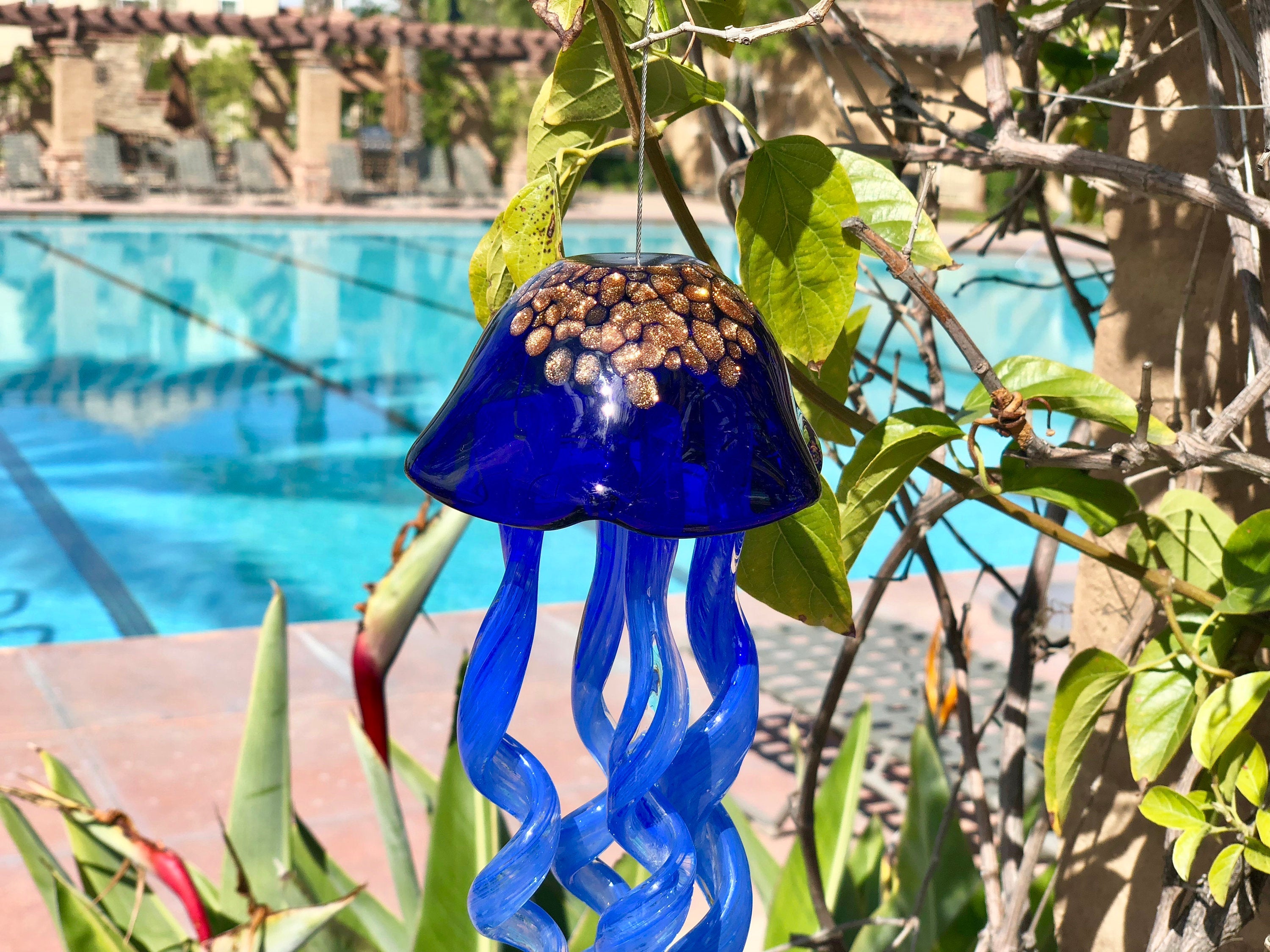 Dark Blue Art Glass Jellyfish cheapest Hang Decor Sun Catcher Holiday Gift Wind Chimes