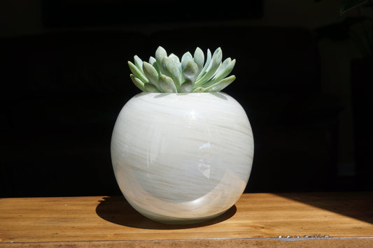 8" Artistic Planter, Handblown Art Glass Succulent Rose Ball/Planter/Vase/Candle holder, Pearl White w Gold Dust,