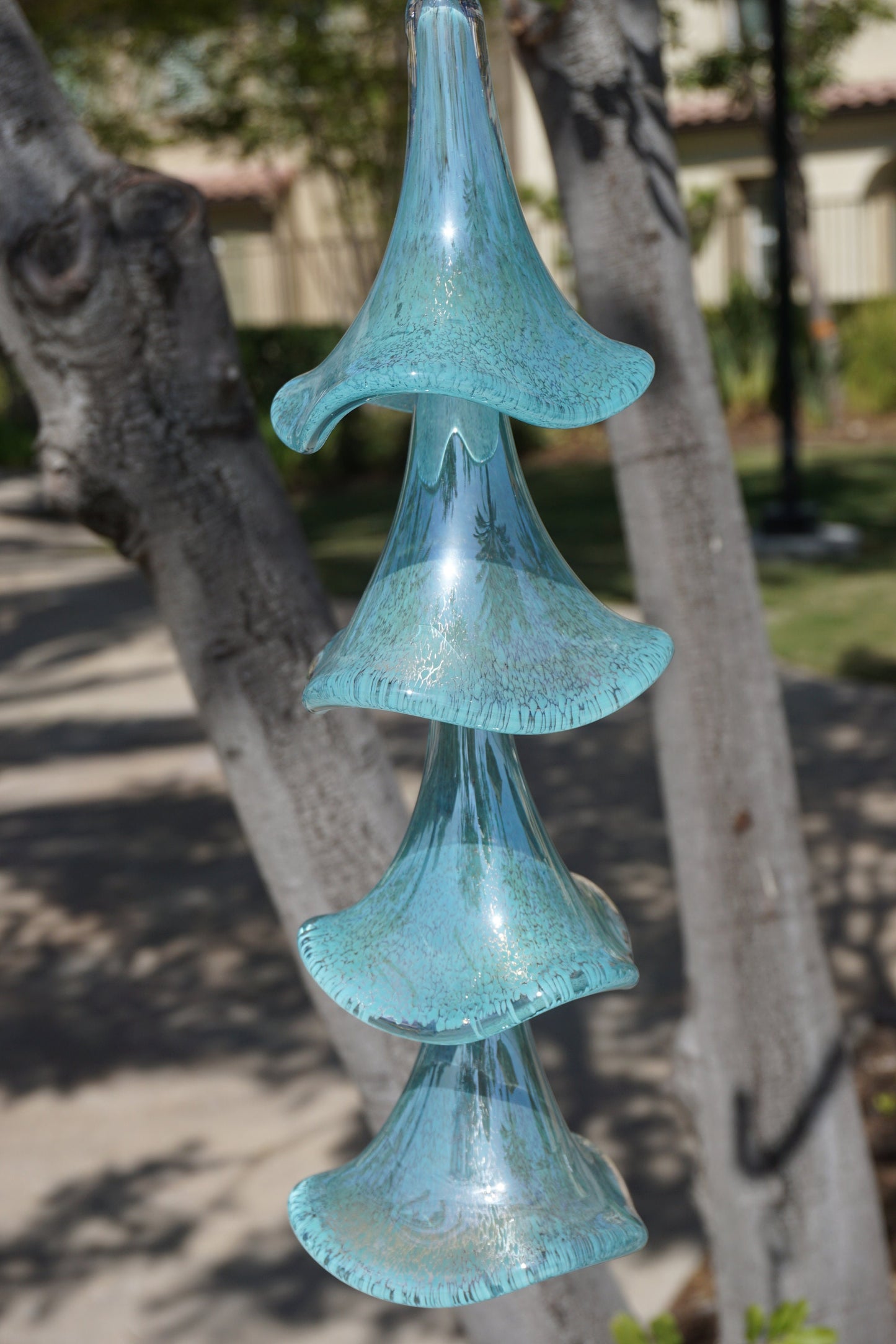 Free US Shipping-Handmade Art Glass Petunia Flower Holiday Gift Hanging Decor Wind Chimes Sun Catcher /  Baby Blue with Silver