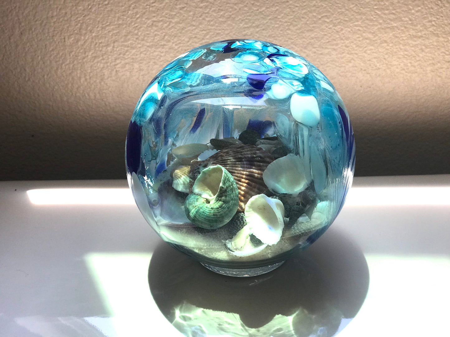 Free US Shipping~ 5.5" Pacific Coast Blue Sea Globe, handblown art glass with natural sea shell and sand