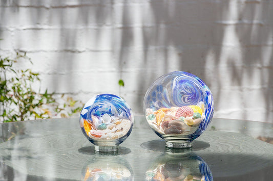Free US Shipping~5.5" Atlantic Blue Sea Globe, handblown art glass Decor Holiday Gift with natural sea shell and sand
