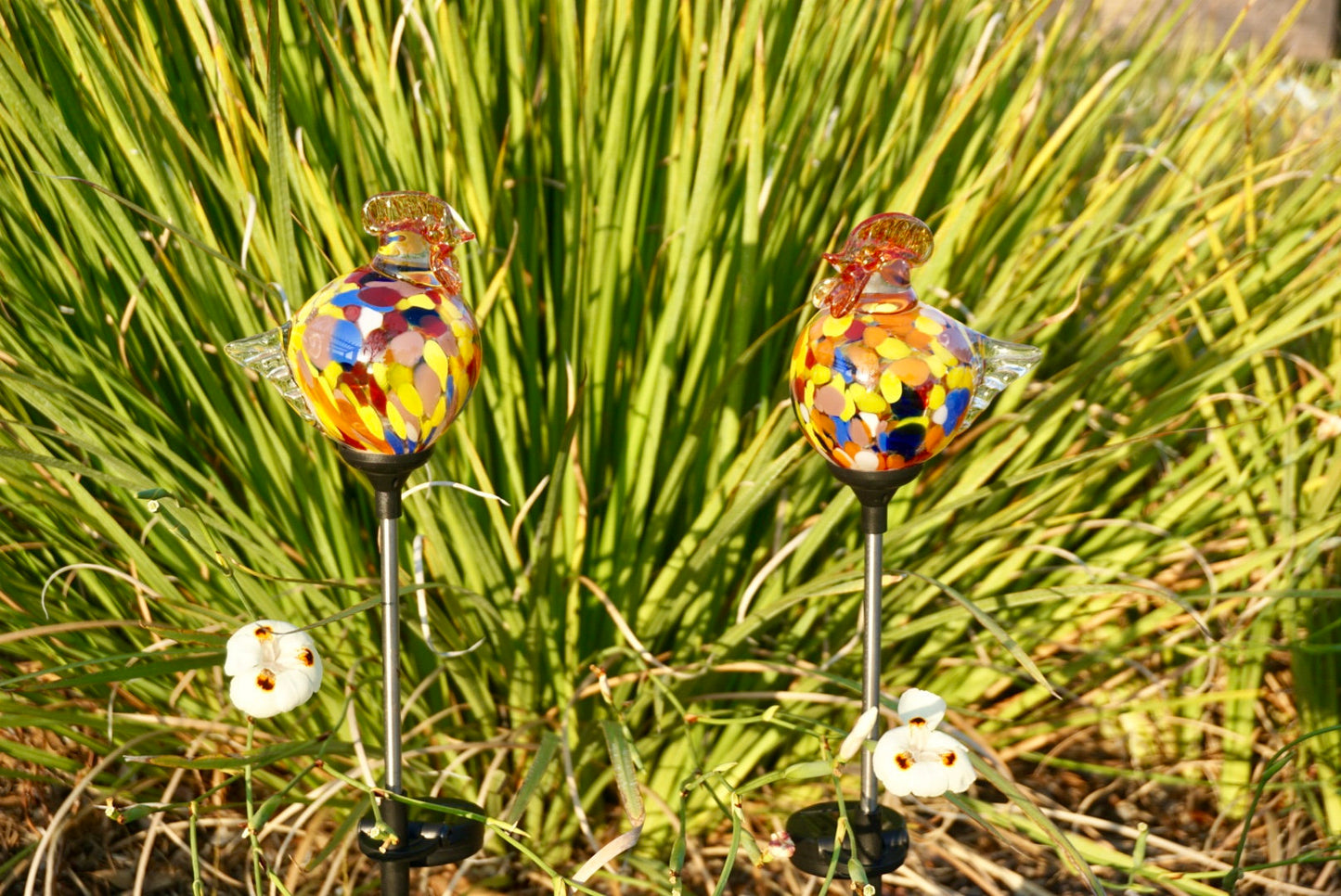 Set of 2 handmade art glass LED Solar path garden lights Garden Stake Sun Catcher Statue Figurine-Rooster Sun Catcher-Red/Multi