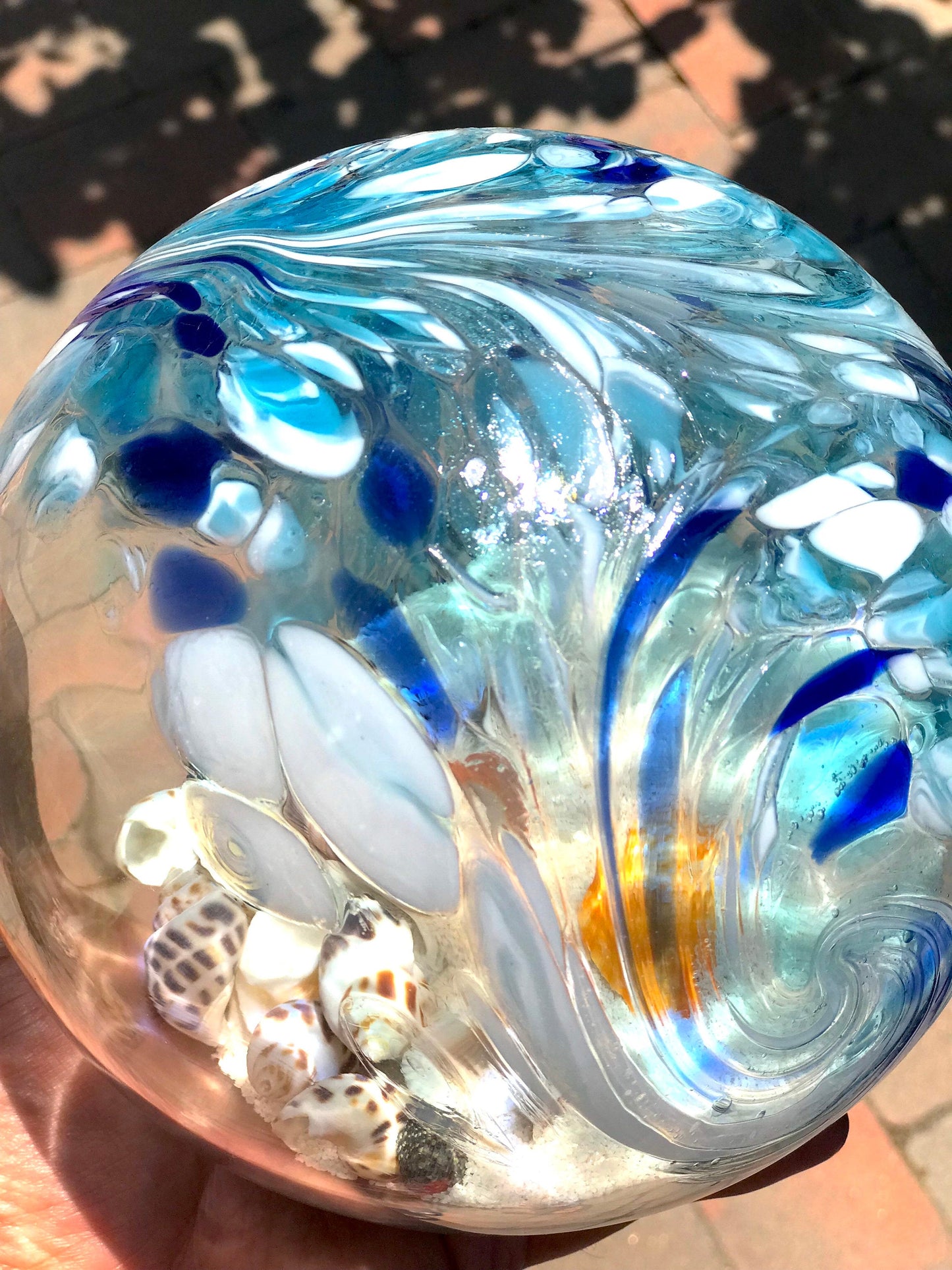 Free US Shipping~ 7" Pacific Coast Blue Sea Globe Handblown Art Glass Decor Holiday Gift with natural sea shell and sand