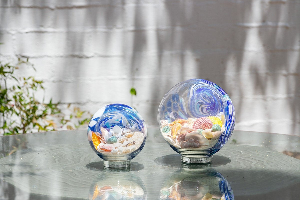 Free US Shipping~ 7" Atlantic Blue Sea Globe, handblown art glass Decor Holiday Gift with natural sea shell and sand