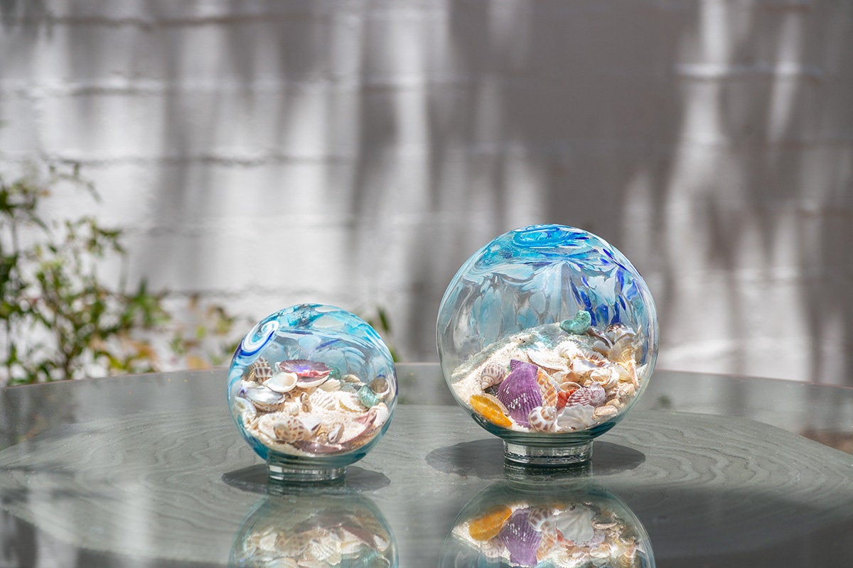 Free US Shipping~ 5.5" Pacific Coast Blue Sea Globe, handblown art glass with natural sea shell and sand