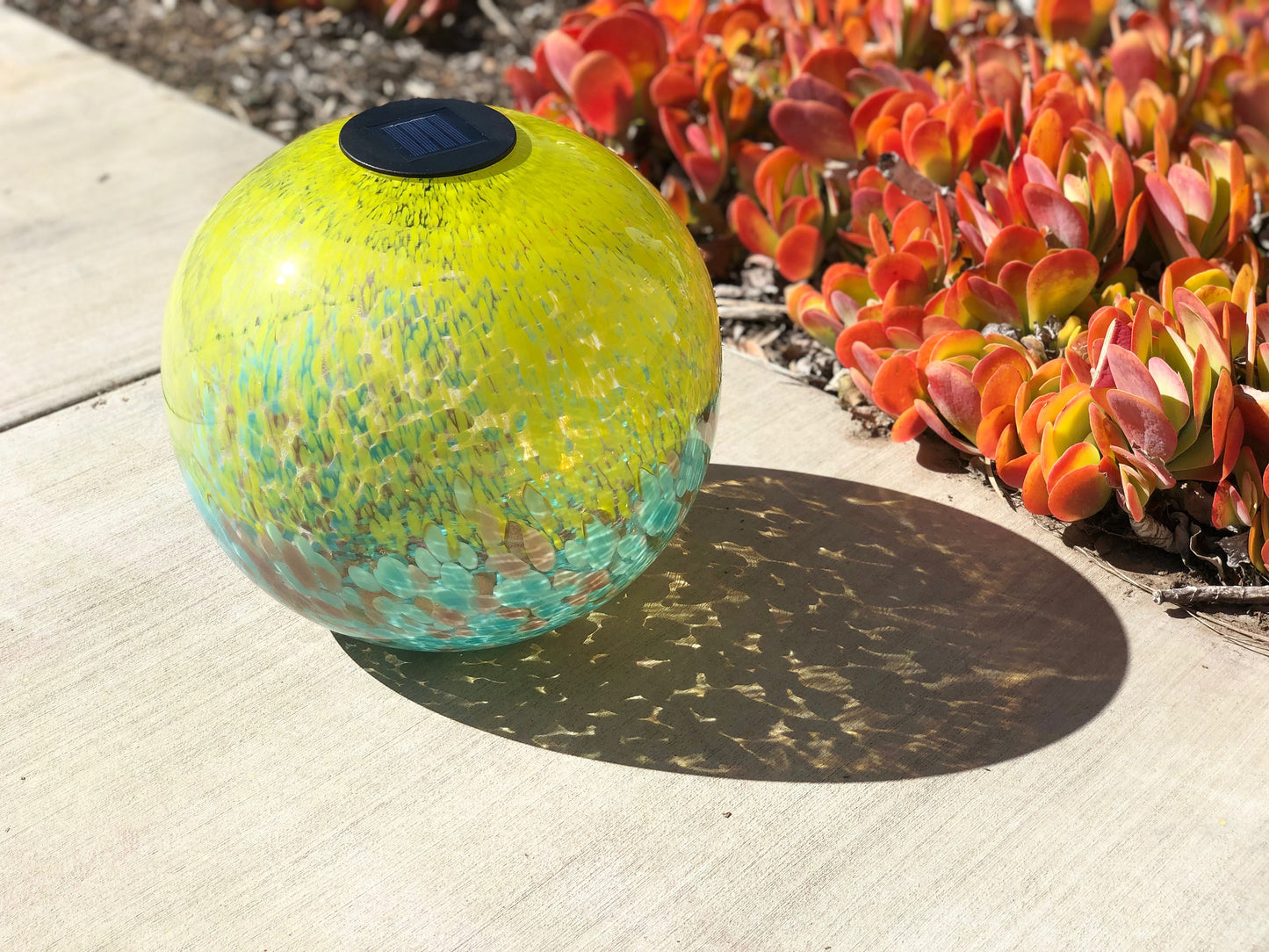 12" XLarge LED Solar Orb Gaze Ball/Garden/Pathway Light/Patio Table Light/Sun Cather/Art Glass Yellow, Blue&Glod glitter