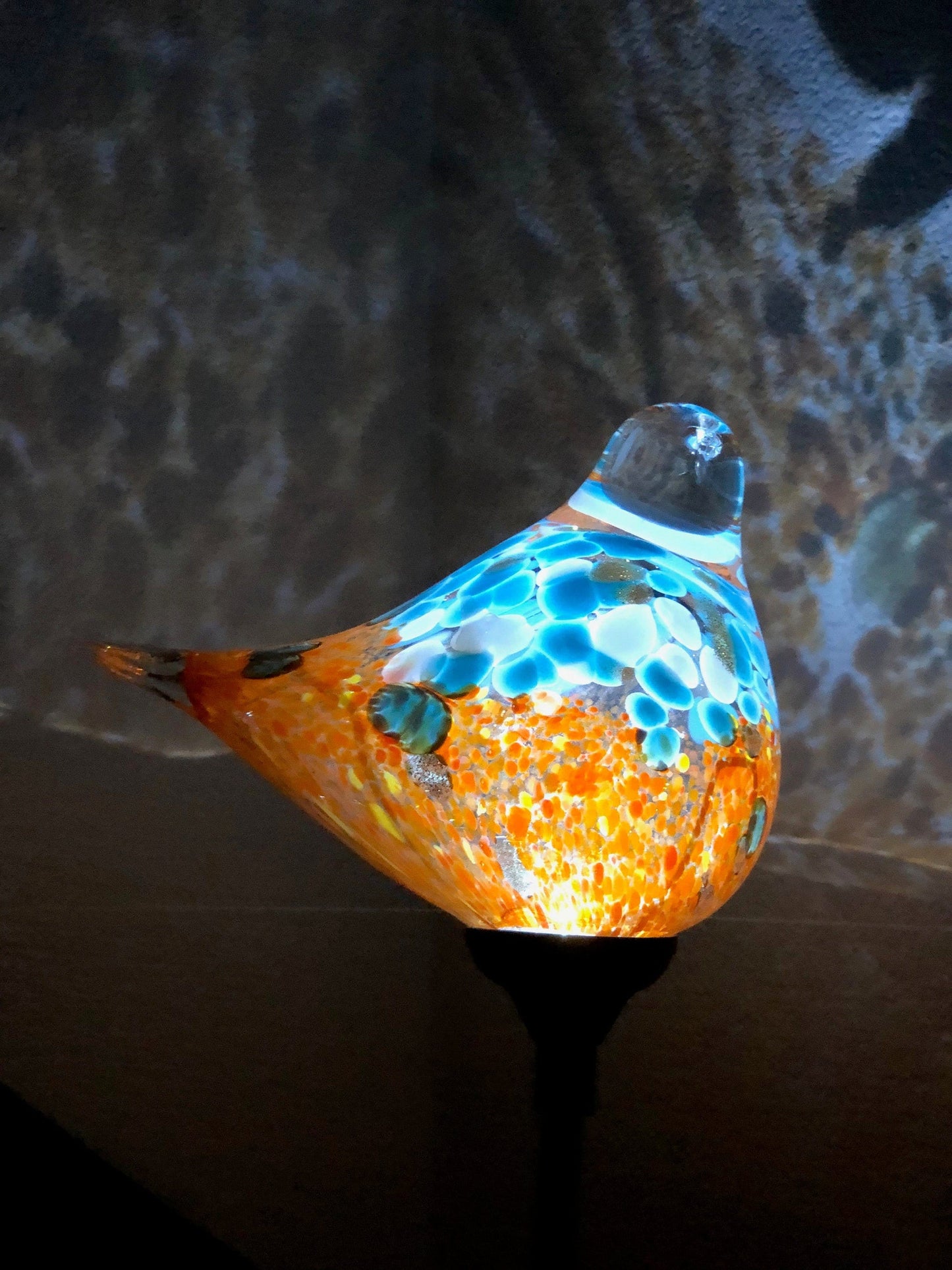 Set of 2 Handmade Art Glass LED Solar path garden lights - Bird Sun Catcher Garden Stake Statue Figurine- Orange Blue