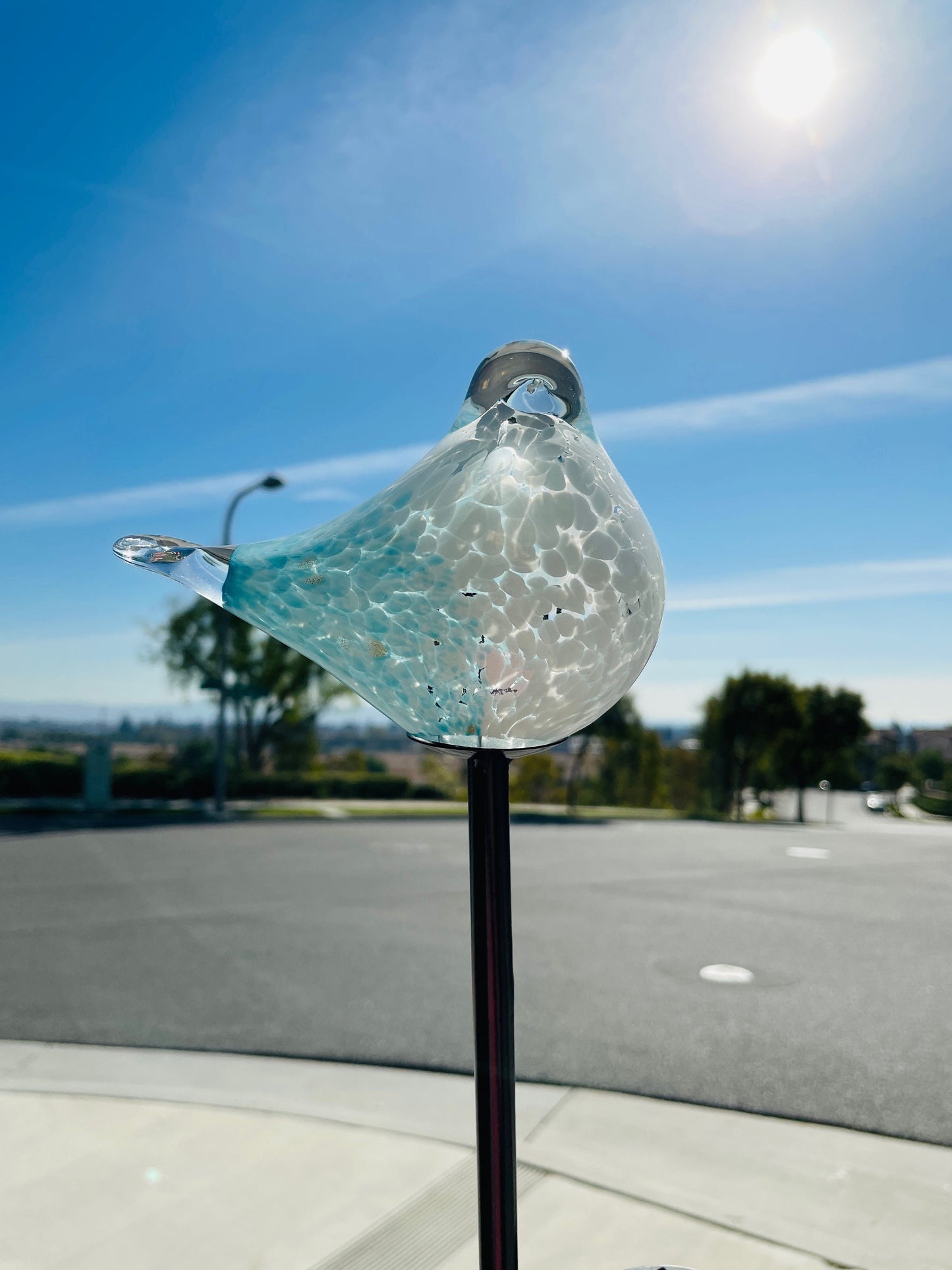 Set of 2 Handmade Art Glass LED Solar path garden lights - Bird Sun Catcher Garden Stake Statue Figurine- Light Blue