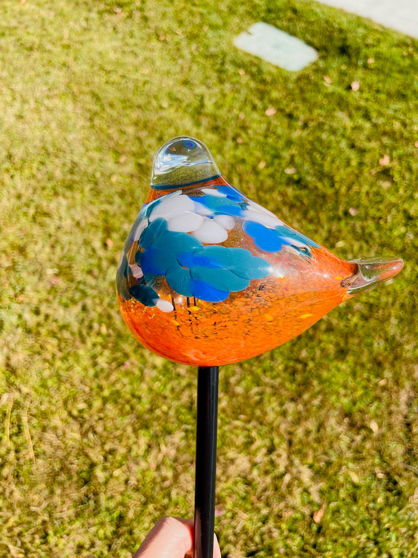 Set of 2 Handmade Art Glass LED Solar path garden lights - Bird Sun Catcher Garden Stake Statue Figurine- Orange Blue