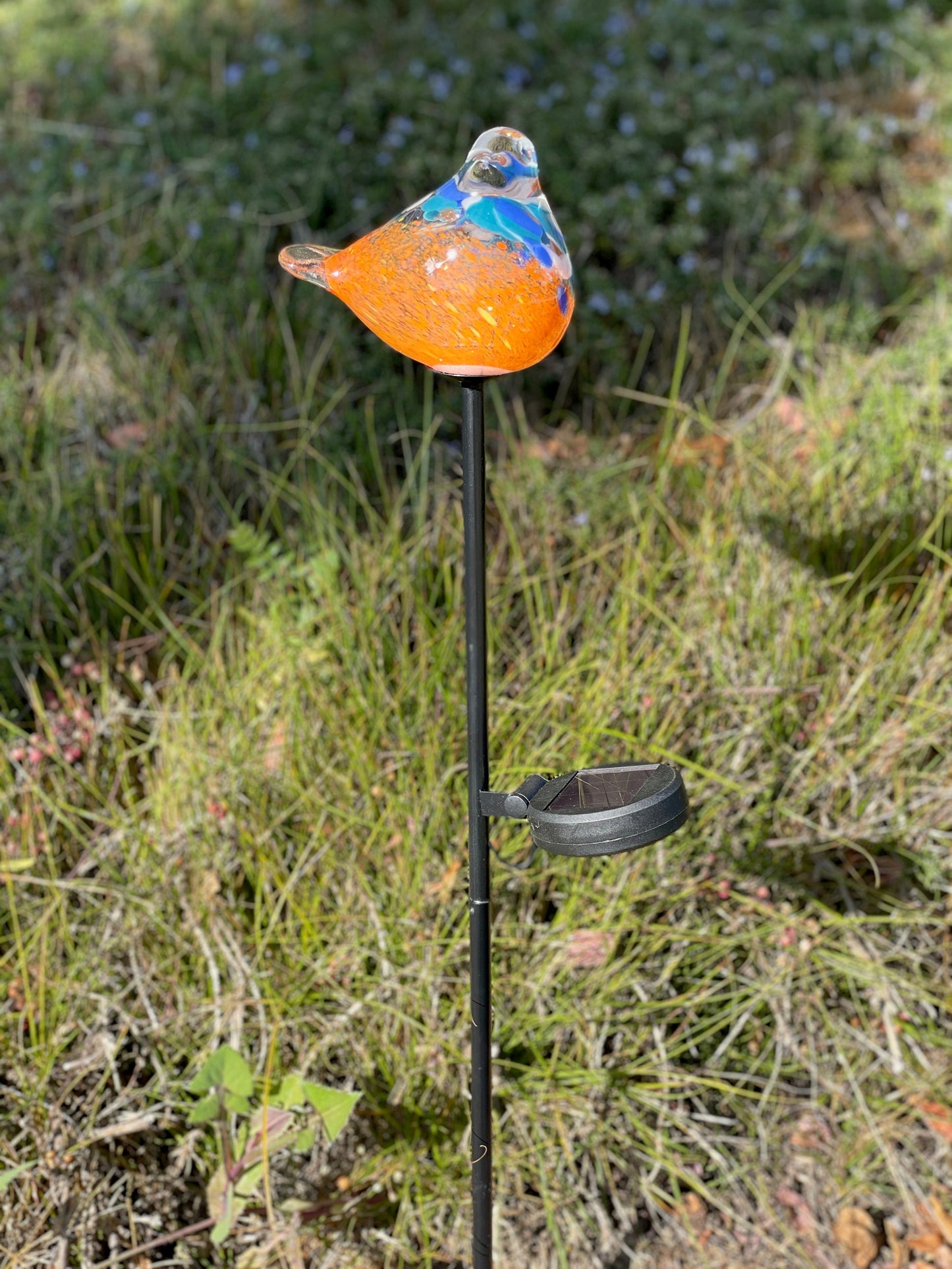 Set of 2 Handmade Art Glass LED Solar path garden lights - Bird Sun Catcher Garden Stake Statue Figurine- Orange Blue