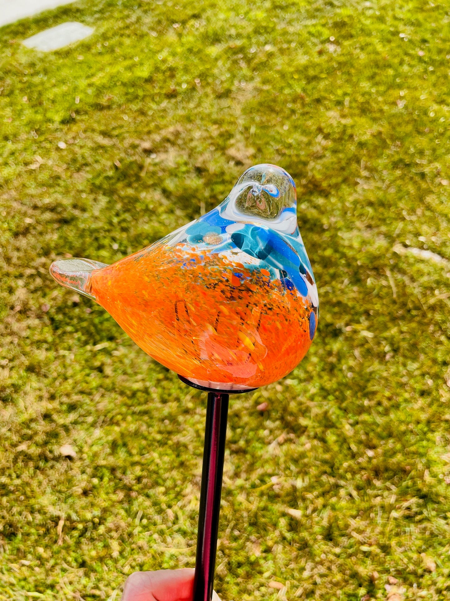 Set of 2 Handmade Art Glass LED Solar path garden lights - Bird Sun Catcher Garden Stake Statue Figurine- Orange Blue