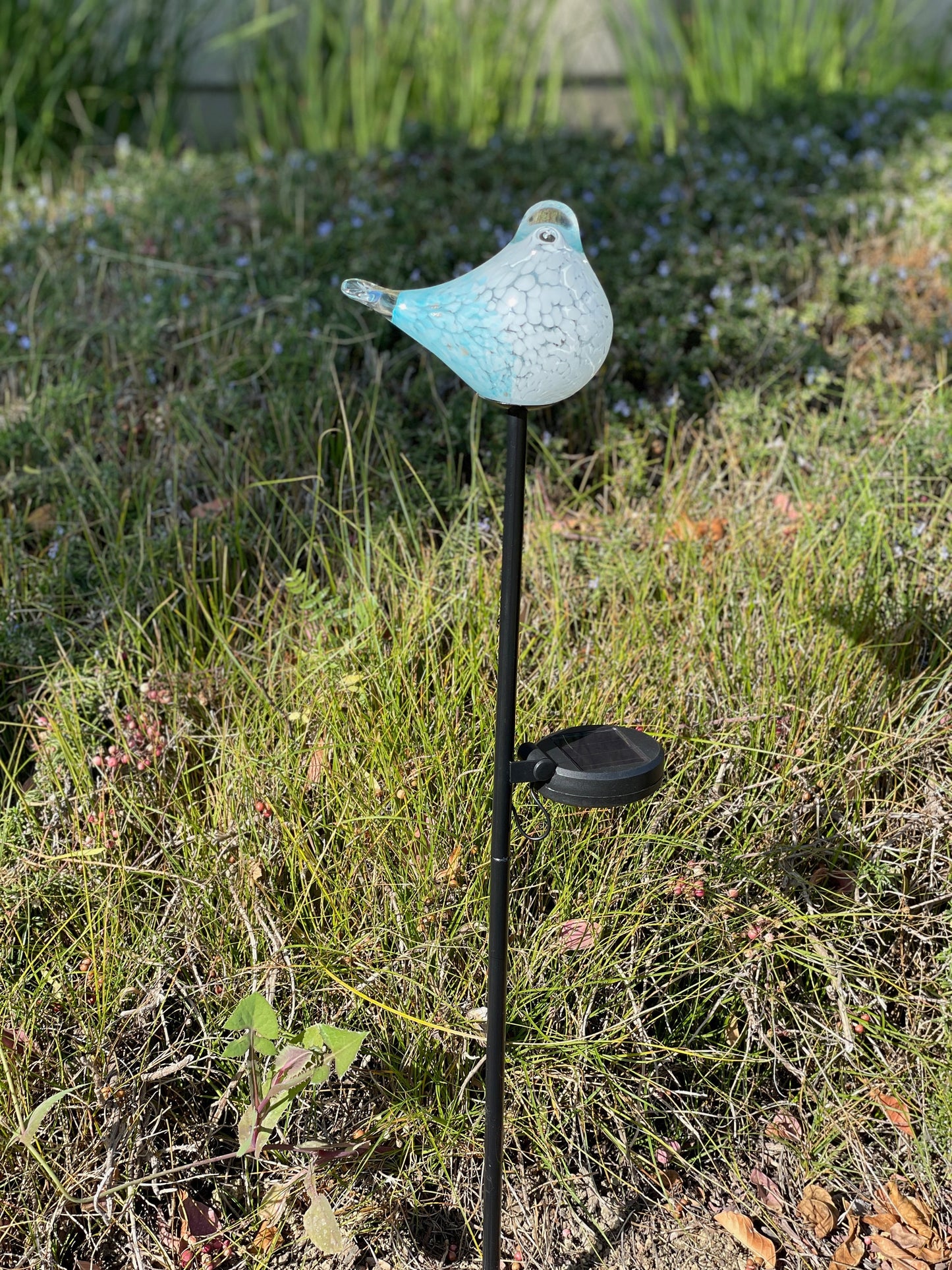 Set of 2 Handmade Art Glass LED Solar path garden lights - Bird Sun Catcher Garden Stake Statue Figurine- Light Blue