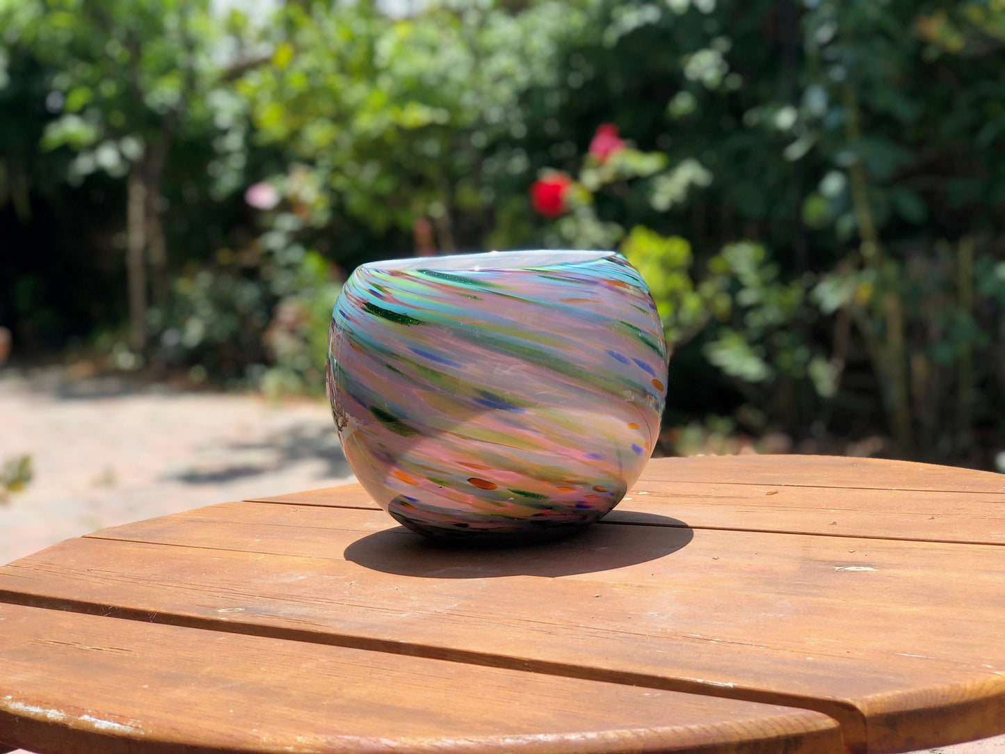 8" Artistic Planter, Handblown Art Glass Succulent Rose Ball/Planter/Vase/Candle holder, Teal Purple Swirl