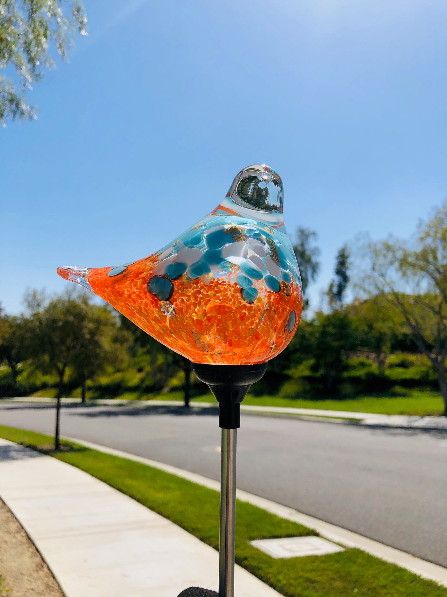 Set of 2 Handmade Art Glass LED Solar path garden lights - Bird Sun Catcher Garden Stake Statue Figurine- Orange Teal