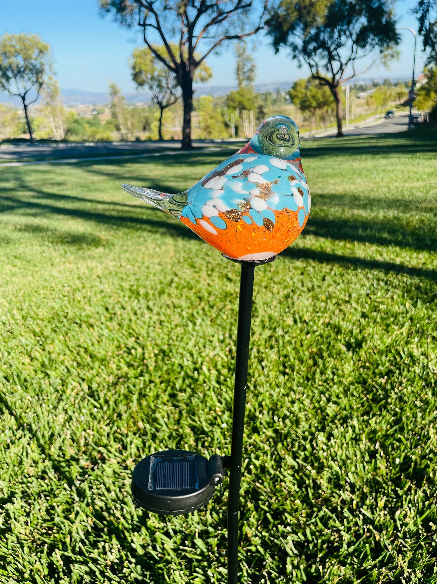 Set of 2 Handmade Art Glass LED Solar path garden lights - Bird Sun Catcher Garden Stake Statue Figurine- Orange Teal